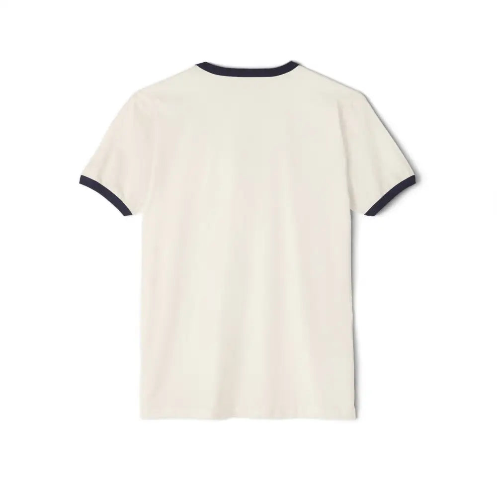 Cream-colored vintage-style outdoor graphic tee with navy trim, perfect for outdoor adventures