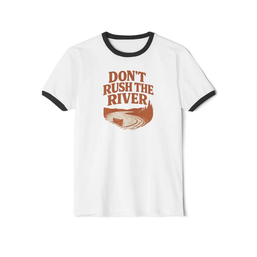 White short-sleeved ringer tee with vintage-style outdoor graphic: Dont Rush the River