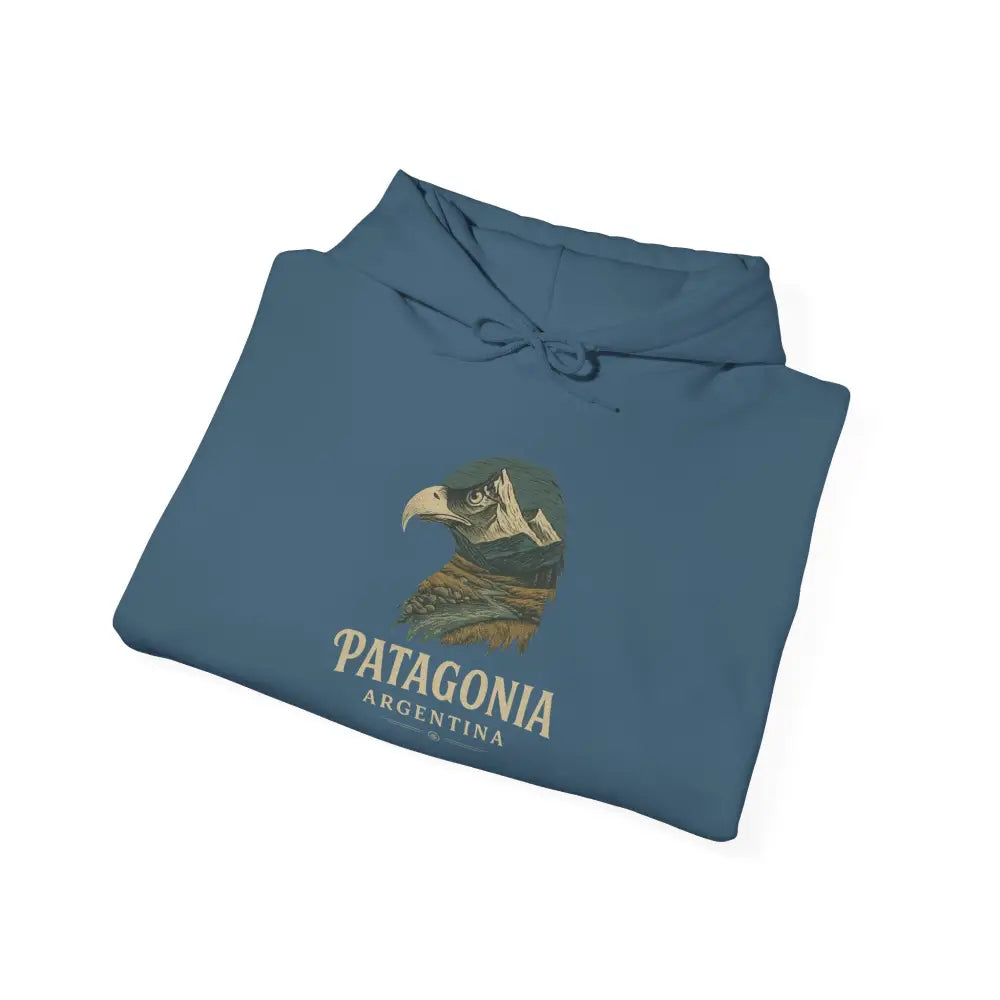 Folded blue Patagonia Mountain Range hoodie with condor and mountain design, cozy hooded sweatshirt