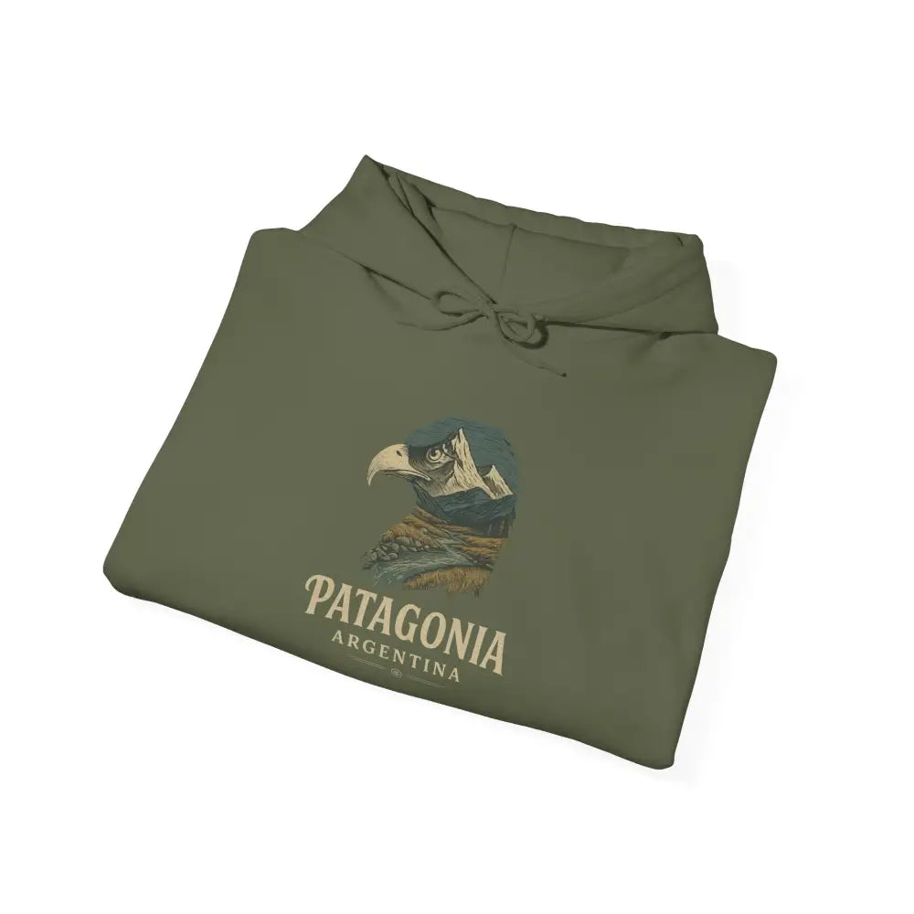 Olive green cozy hooded sweatshirt with eagle graphic and Patagonia mountain range design