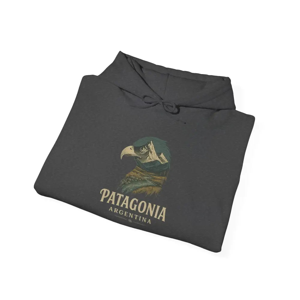 Folded dark gray Patagonia Mountain Range graphic hoodie showcasing cozy hooded sweatshirt style
