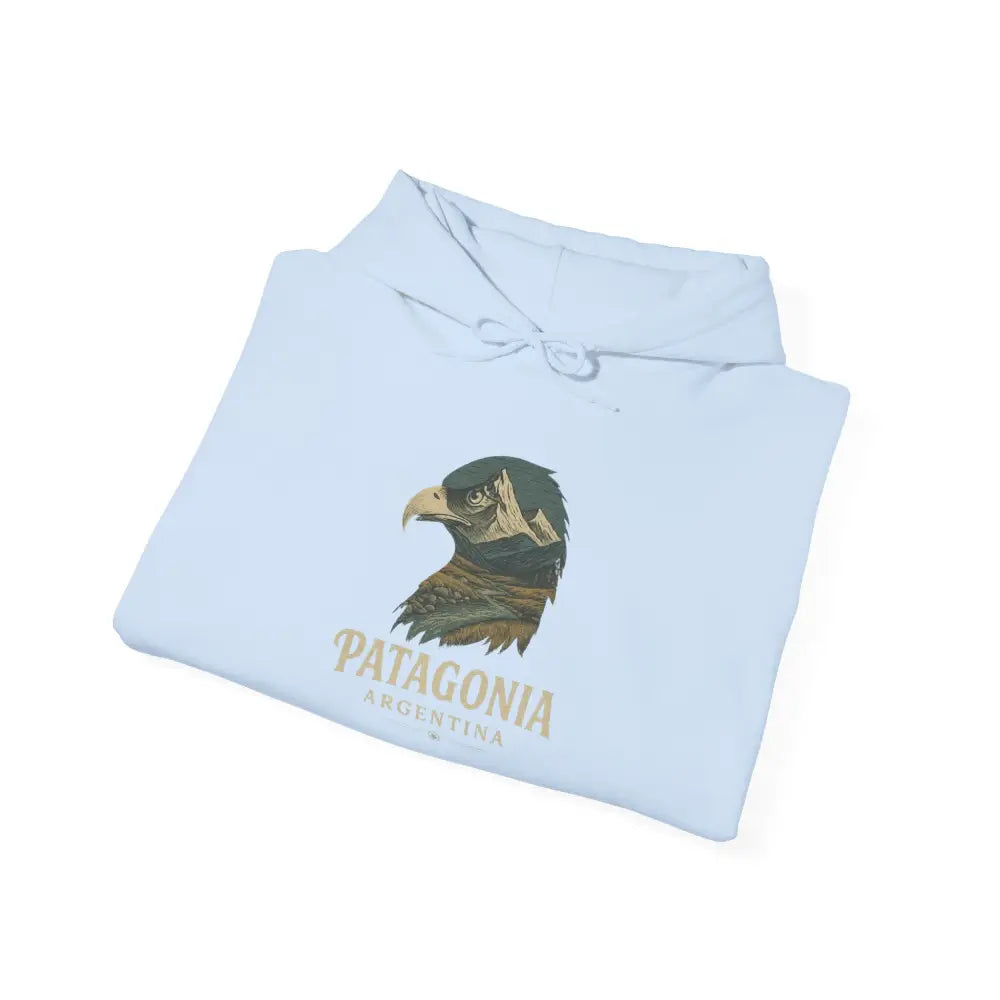 Light blue Eagle Graphic Hoodie featuring Patagonia Mountain Range design and cozy hooded sweatshirt