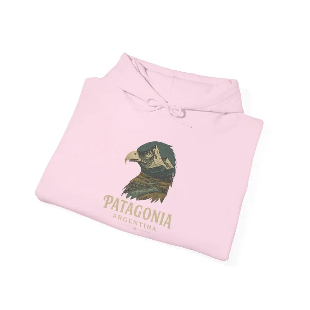 Pink hooded sweatshirt with eagle graphic featuring Patagonia Mountain Range design