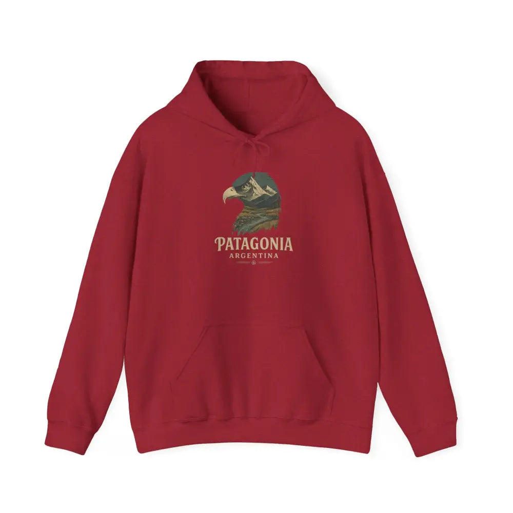 Red hoodie with eagle graphic and mountains, perfect for Patagonia mountain range fans