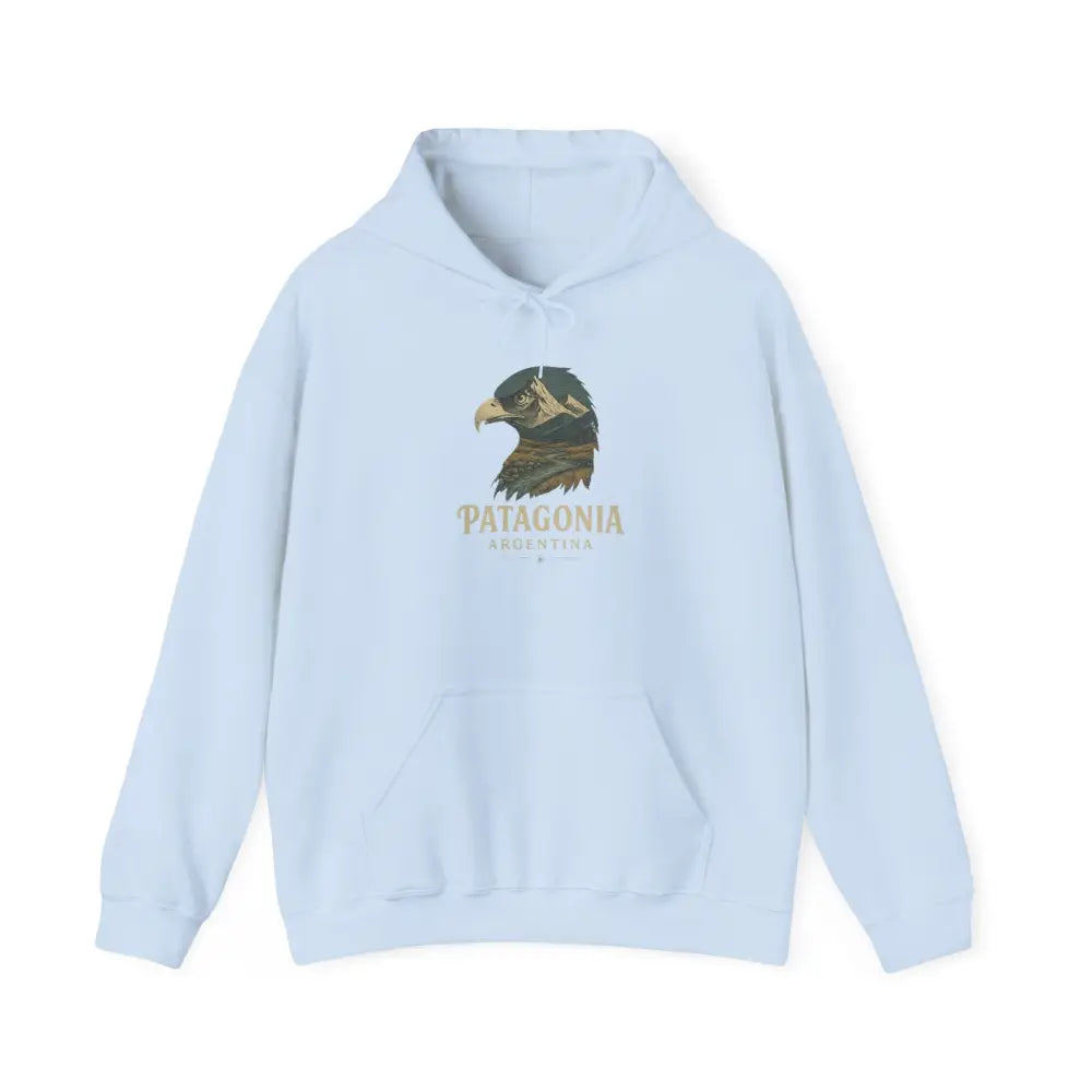 Light blue Patagonia Mountain Range hoodie with eagle graphic and cozy hooded sweatshirt style