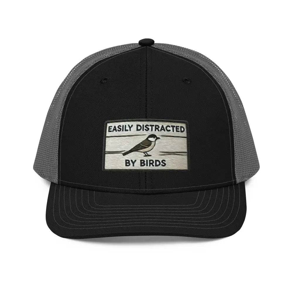 Easily distracted by birds black mesh trucker hat embroidered patch