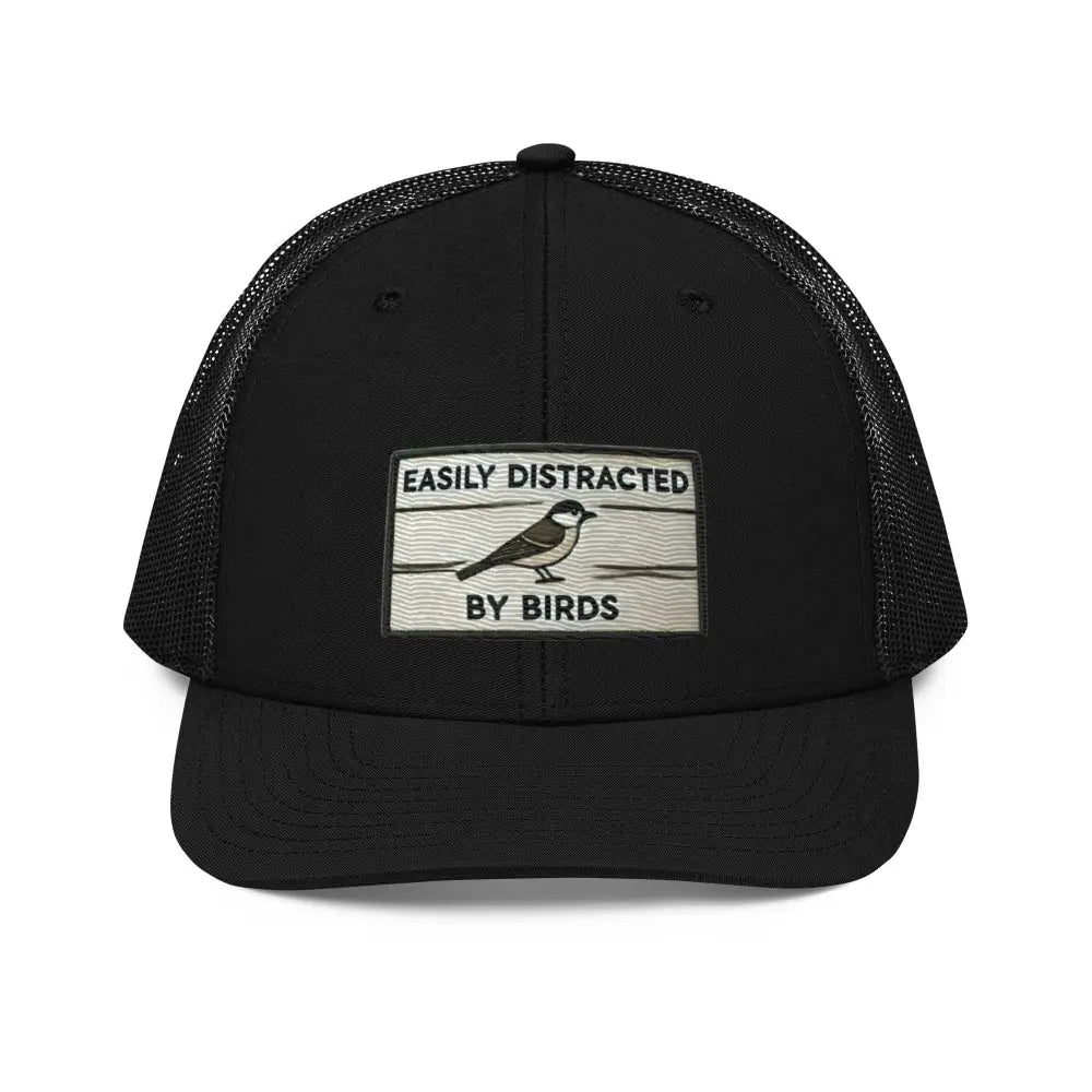 Black mesh trucker hat with birds embroidered patch Easily Distracted by Birds