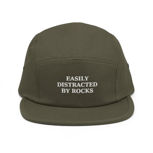 Easily Distracted by Rocks Embroidered Five-Panel Camper Cap - Olive - Hats olive green five-panel cap white 1