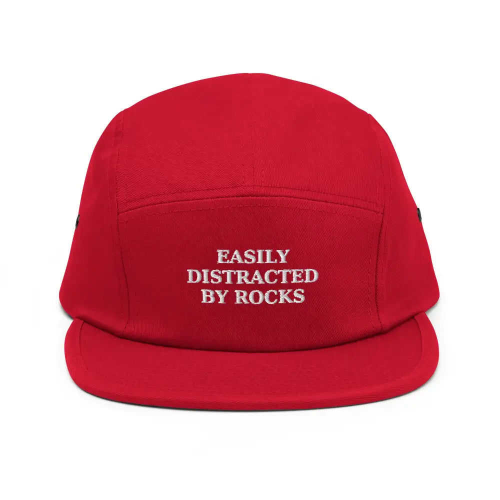 Trini Skies red embroidered corduroy five-panel cap with rocks text