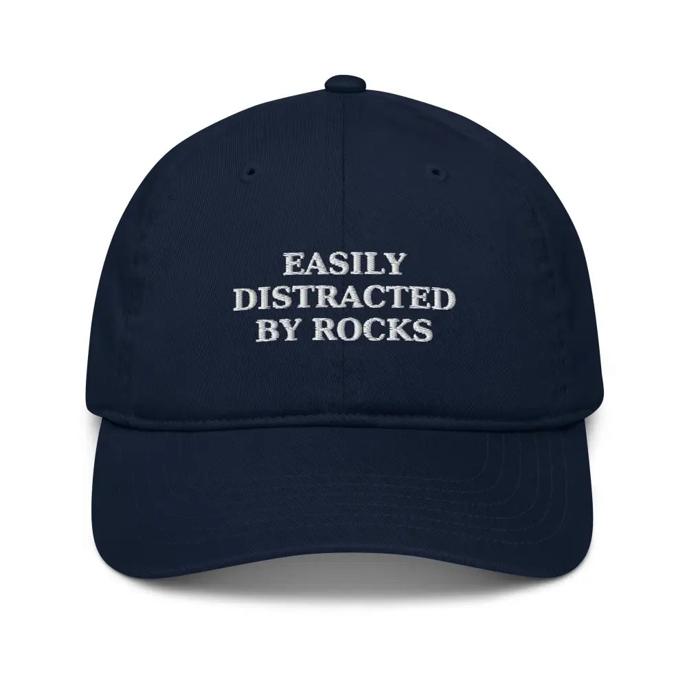 Navy blue embroidered organic cotton dad hat with white text