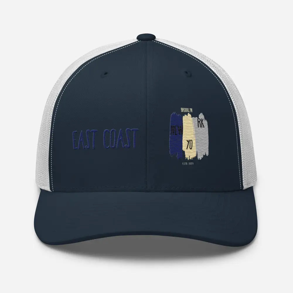 Navy blue and white mesh East Coast Brooklyn embroidered snapback trucker cap