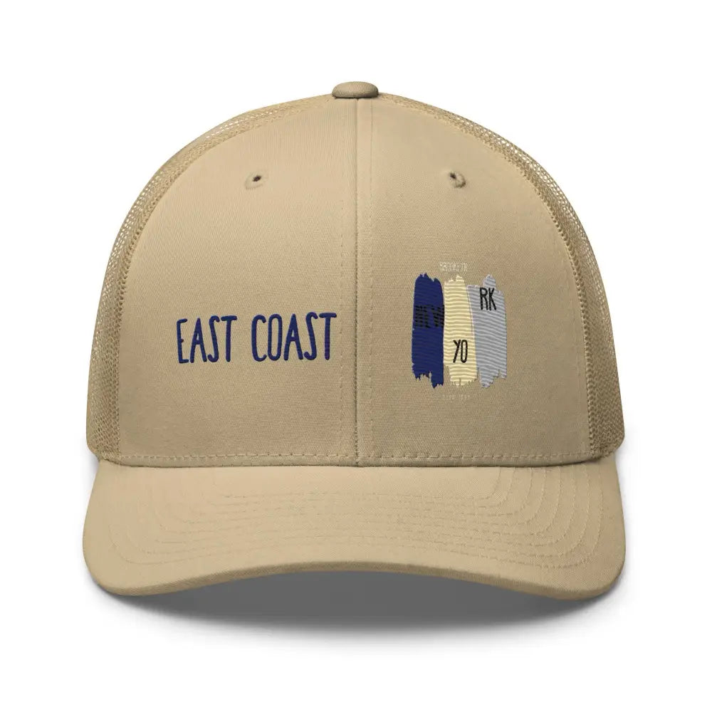 Beige mesh East Coast Brooklyn embroidered snapback trucker cap with design