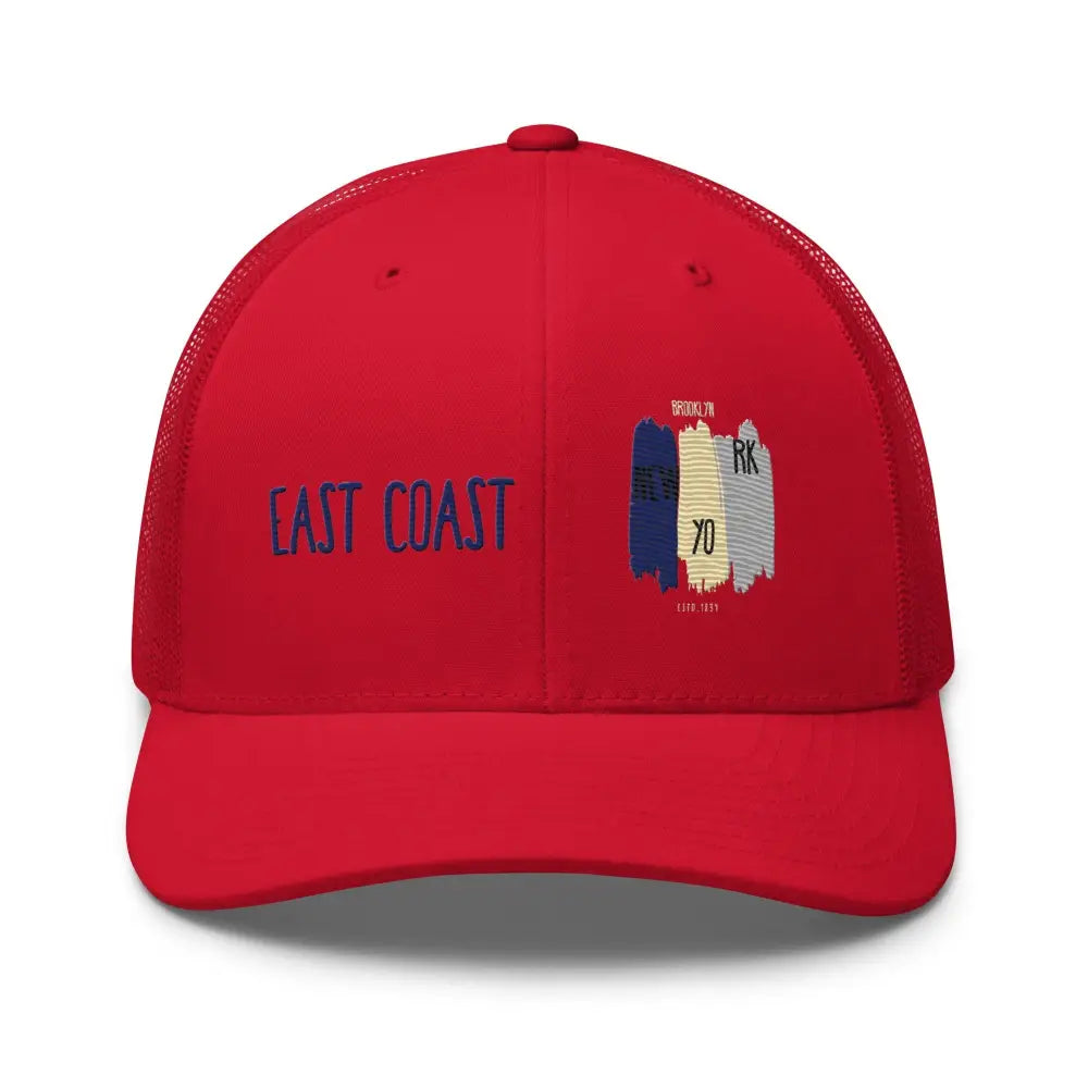 Red mesh-back East Coast Brooklyn embroidered snapback trucker hat