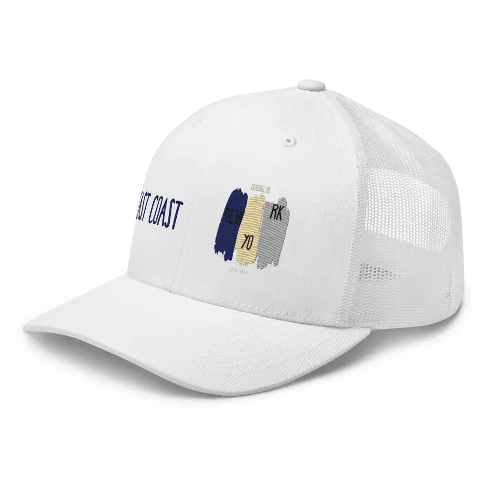 East Coast Brooklyn embroidered snapback trucker cap with white brushstroke design