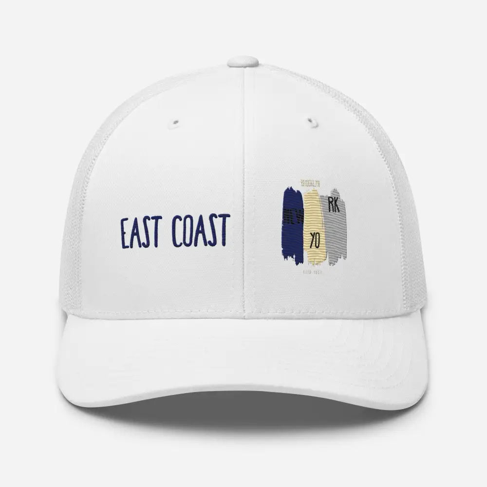 White mesh-back East Coast Brooklyn embroidered snapback trucker hat