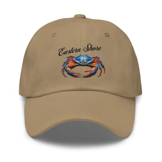 Eastern Shore Blue Crab Embroidered Hat. Coastal inspired Cap for Seafood Lovers - Khaki - Hats khaki baseball cap