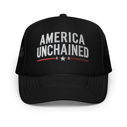 Embroidered America Unchained Patriotic Pride Foam Trucker Hat - Black - Hats black trucker hat america unchained 1