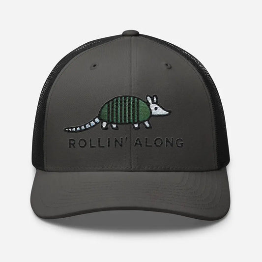 Embroidered Armadillo Rollin’ Along Trucker Cap Mesh Back Adjustable Hat Great Gift Idea - Charcoal/ Black - Hats gray