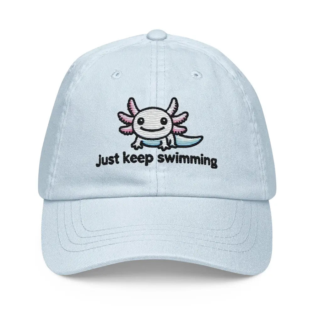 Pastel baseball hat with embroidered axolotl and Just Keep Swimming text