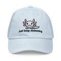 Pastel baseball hat with embroidered axolotl and Just Keep Swimming text