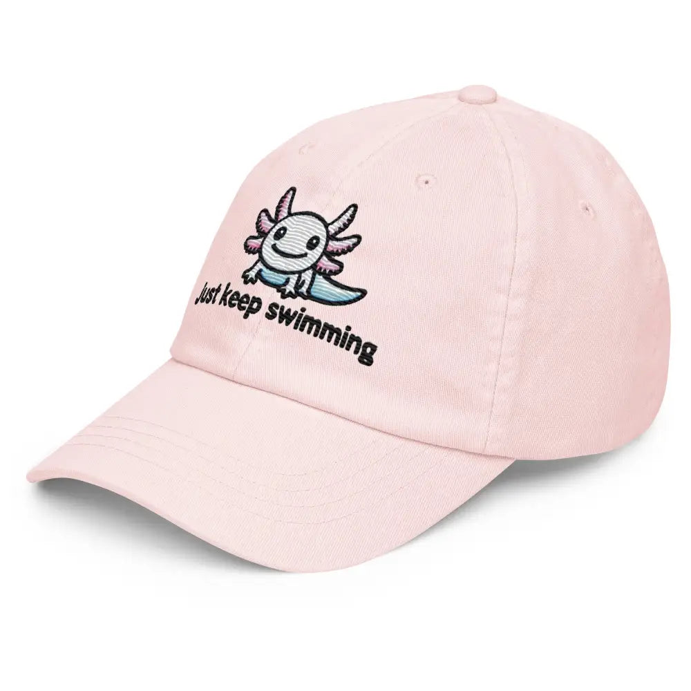 Pink pastel baseball hat with embroidered axolotl design