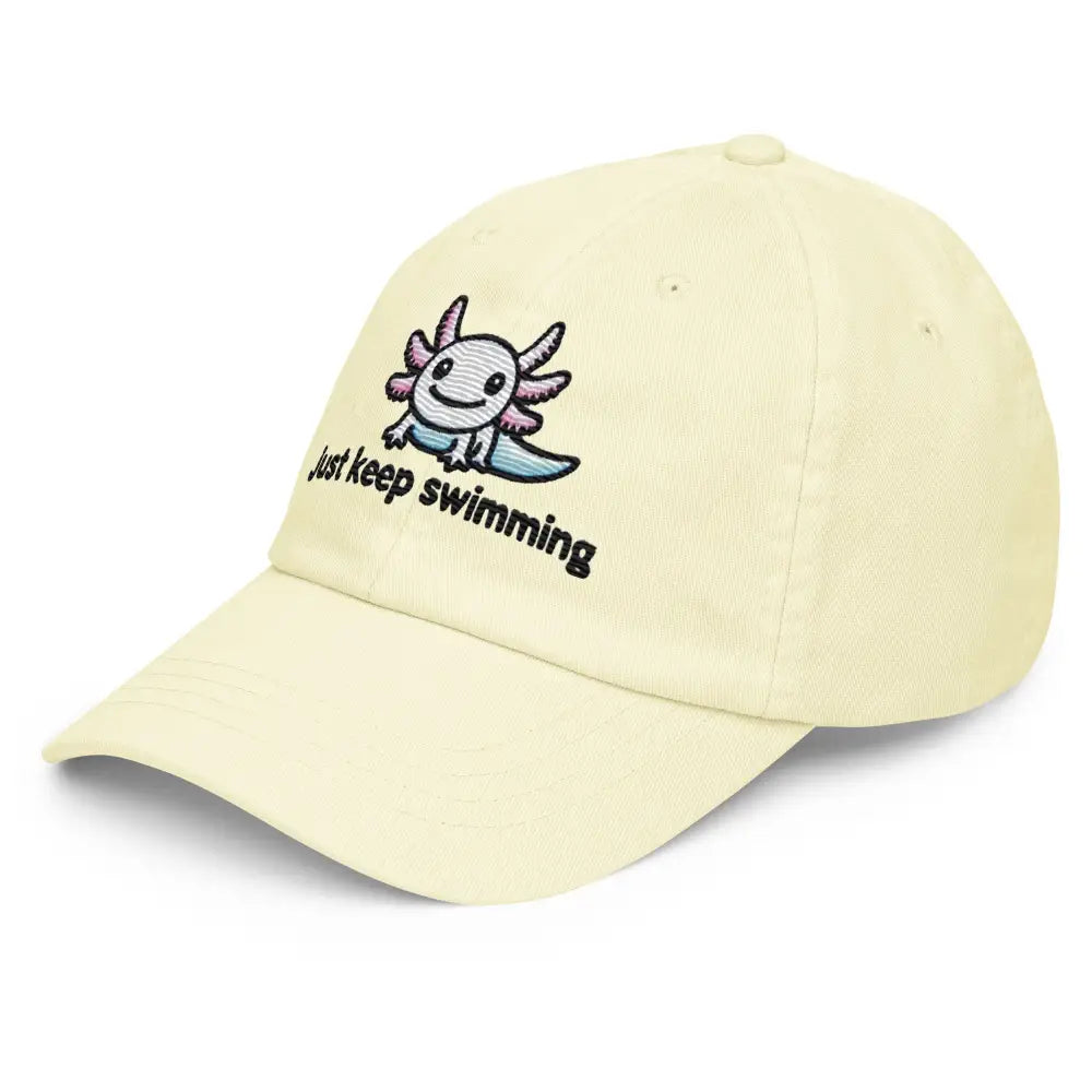 Pastel baseball hat with embroidered axolotl and just keep swimming text