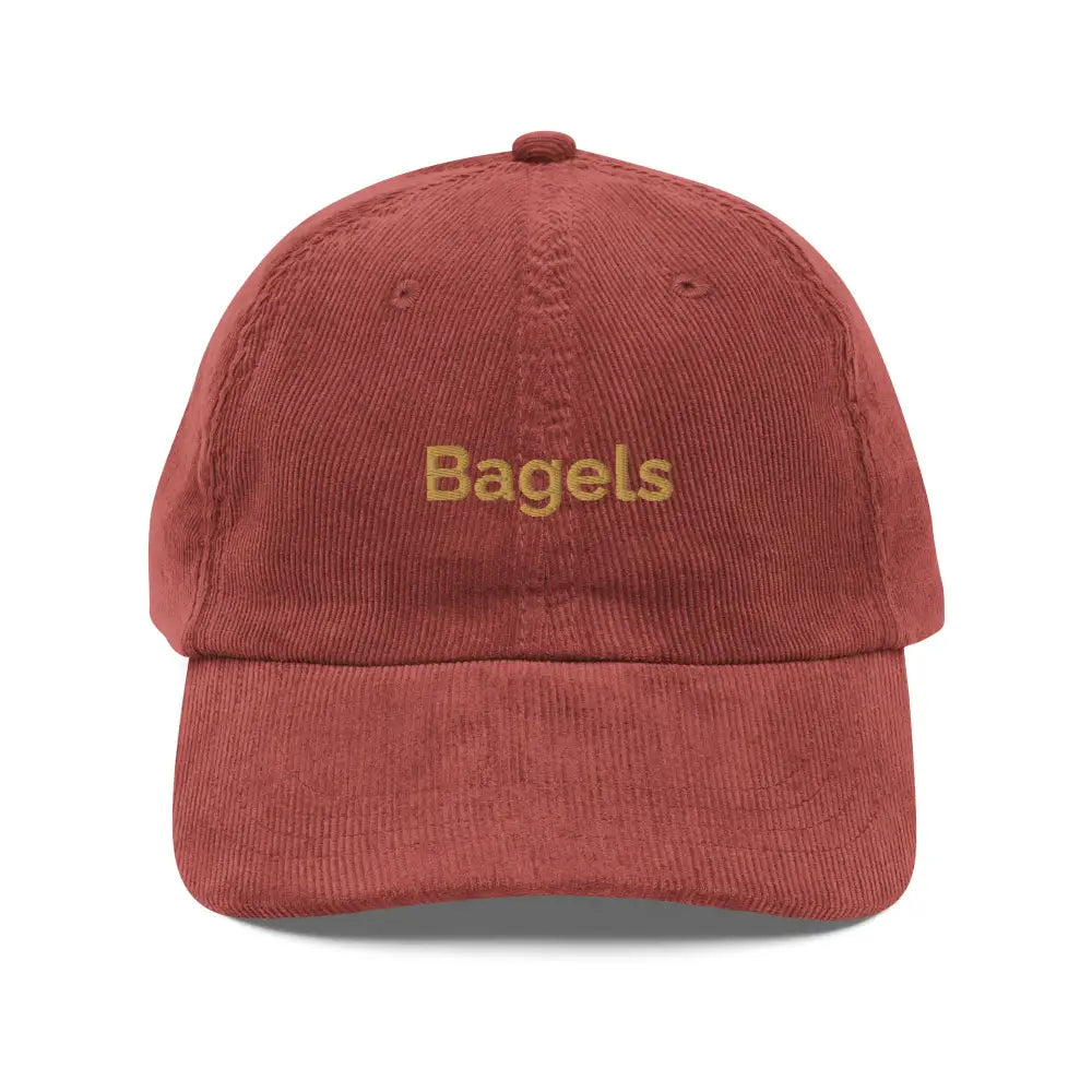 Red vintage corduroy baseball cap with embroidered Bagels on front