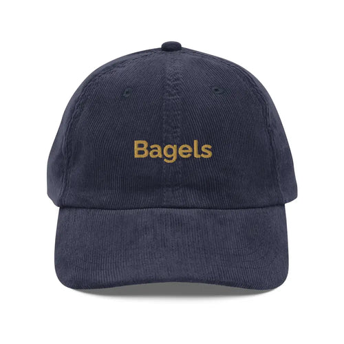 Navy blue vintage corduroy baseball cap with embroidered Bagels