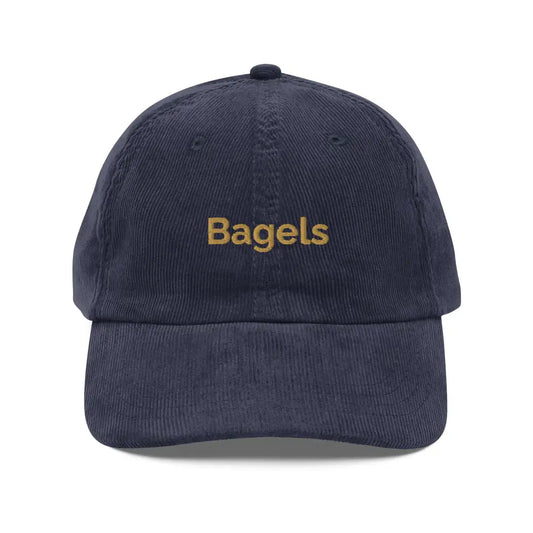 Navy blue vintage corduroy baseball cap with embroidered Bagels