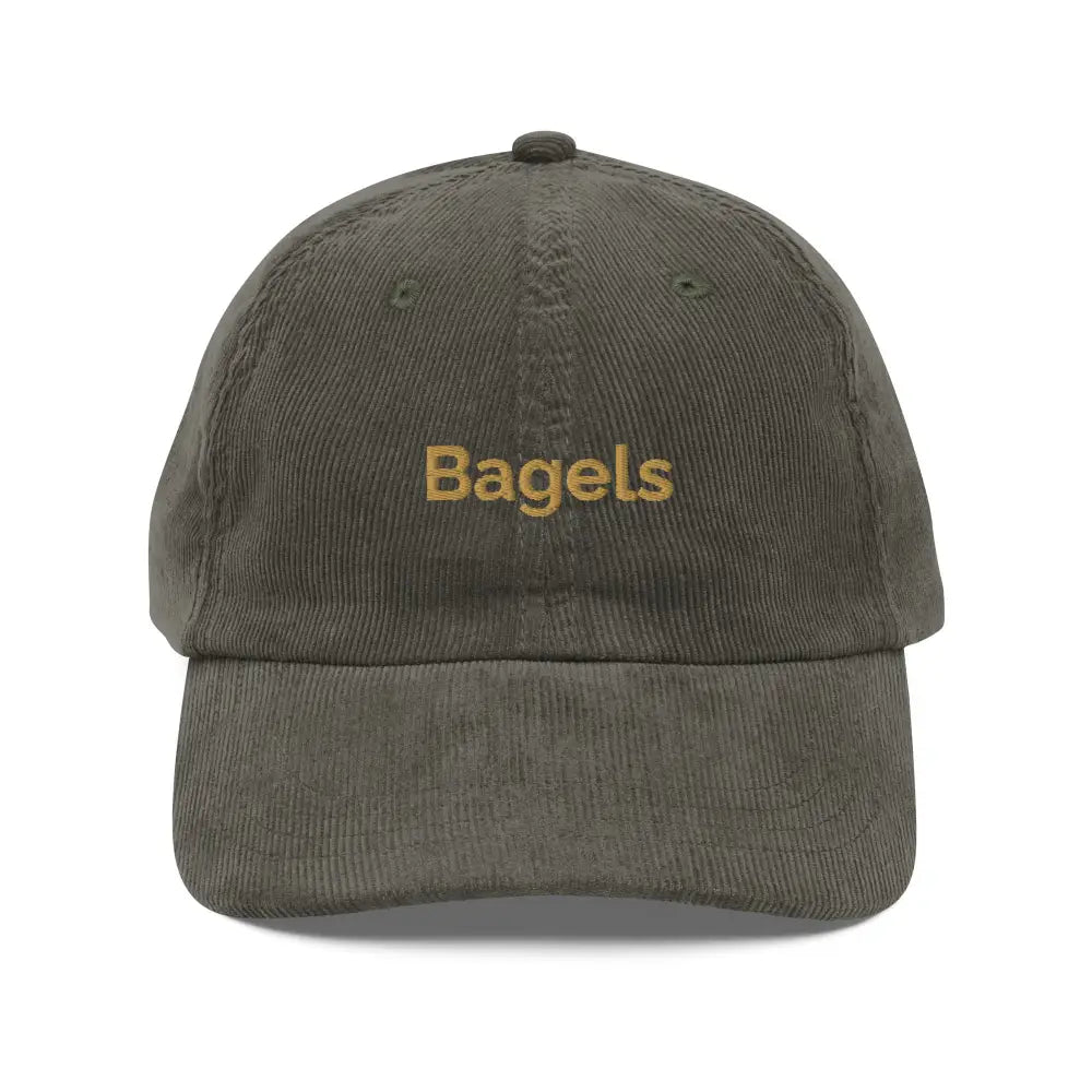 Olive green corduroy baseball cap with embroidered bagels vintage design