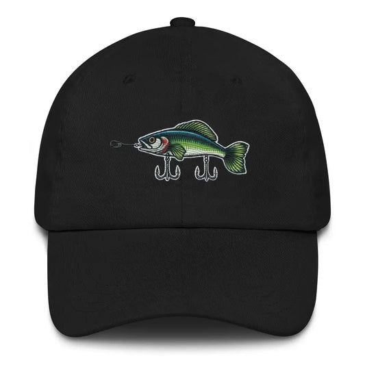 Embroidered Bass Fishing Hat - Black - Hats black baseball cap fish lure 1