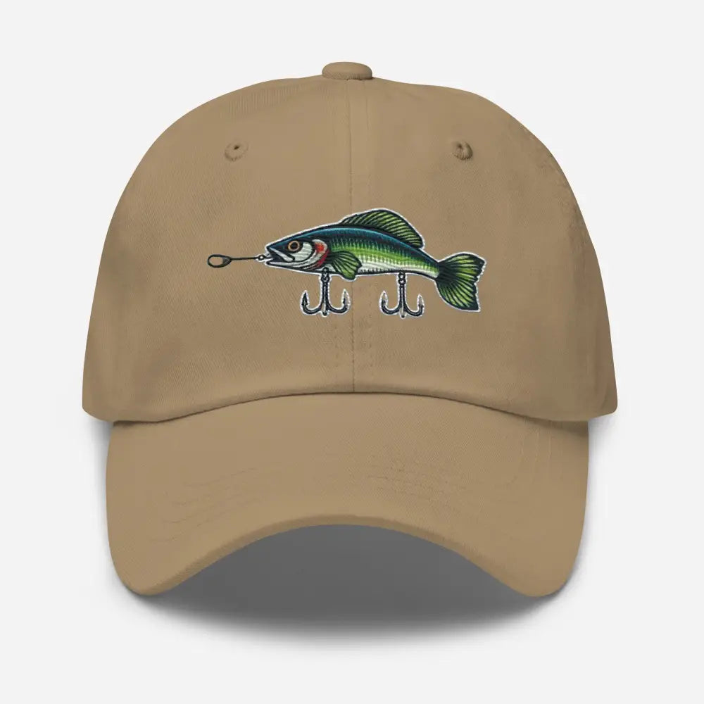 Khaki embroidered fishing hat with fish-shaped lure design in chino cotton twill