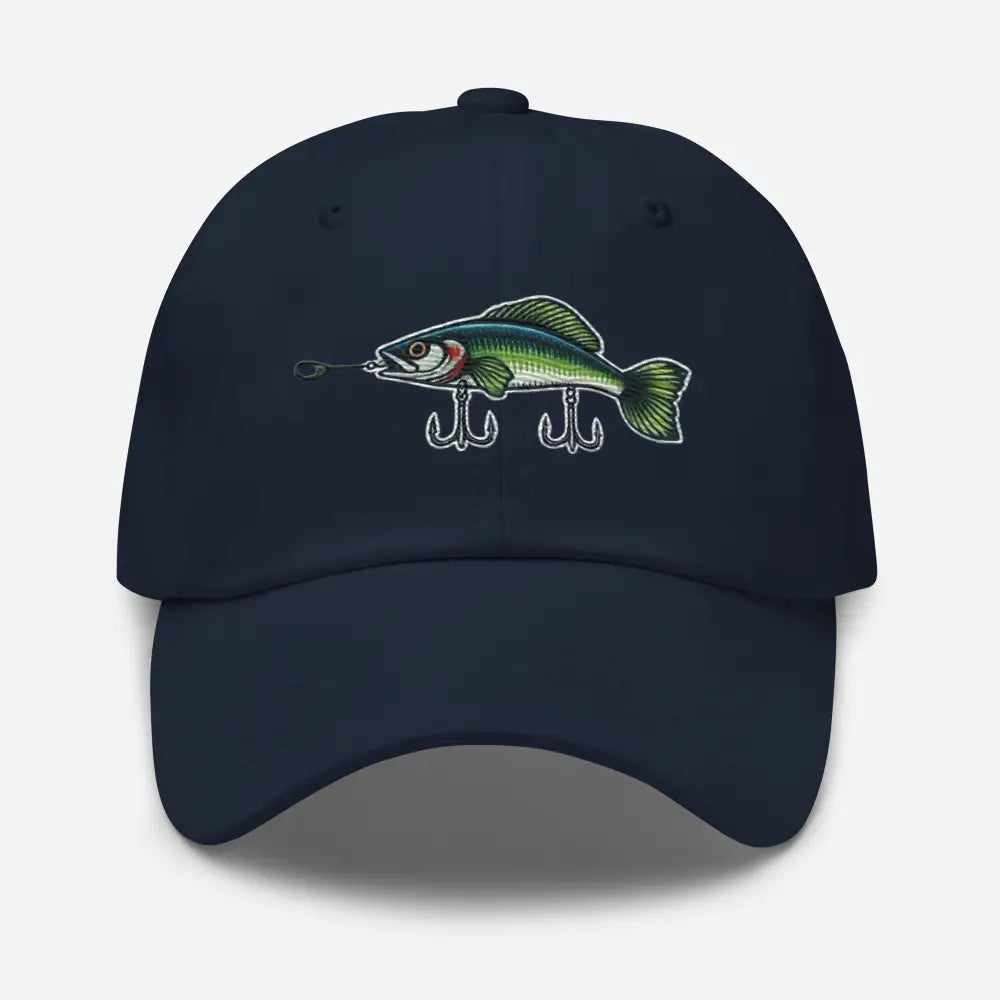Navy blue chino cotton twill embroidered fishing hat with fish-shaped lure design