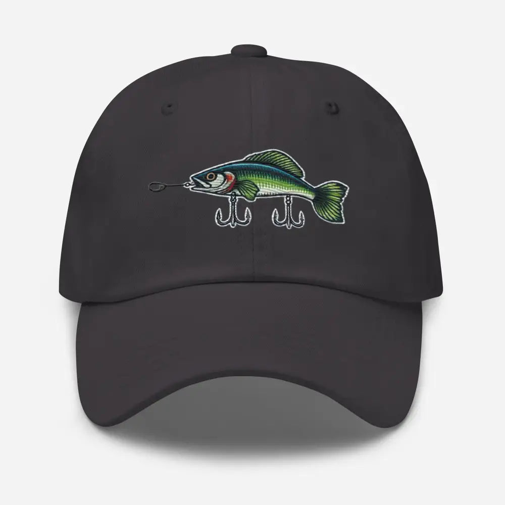 Dark gray embroidered fishing hat with fish-shaped lure design in chino cotton twill