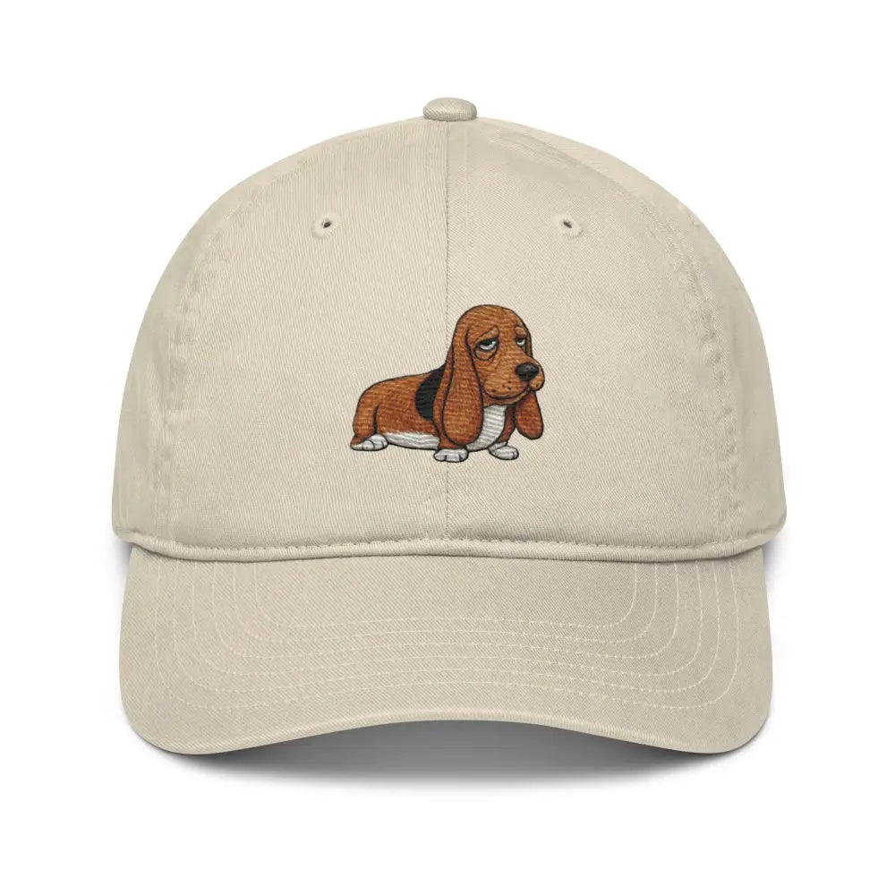 Beige Organic Dad Hat with Embroidered Basset Hound by Trini Skies