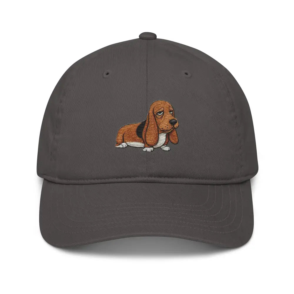 Dark gray organic dad hat with embroidered Basset Hound, Trini Skies Supply