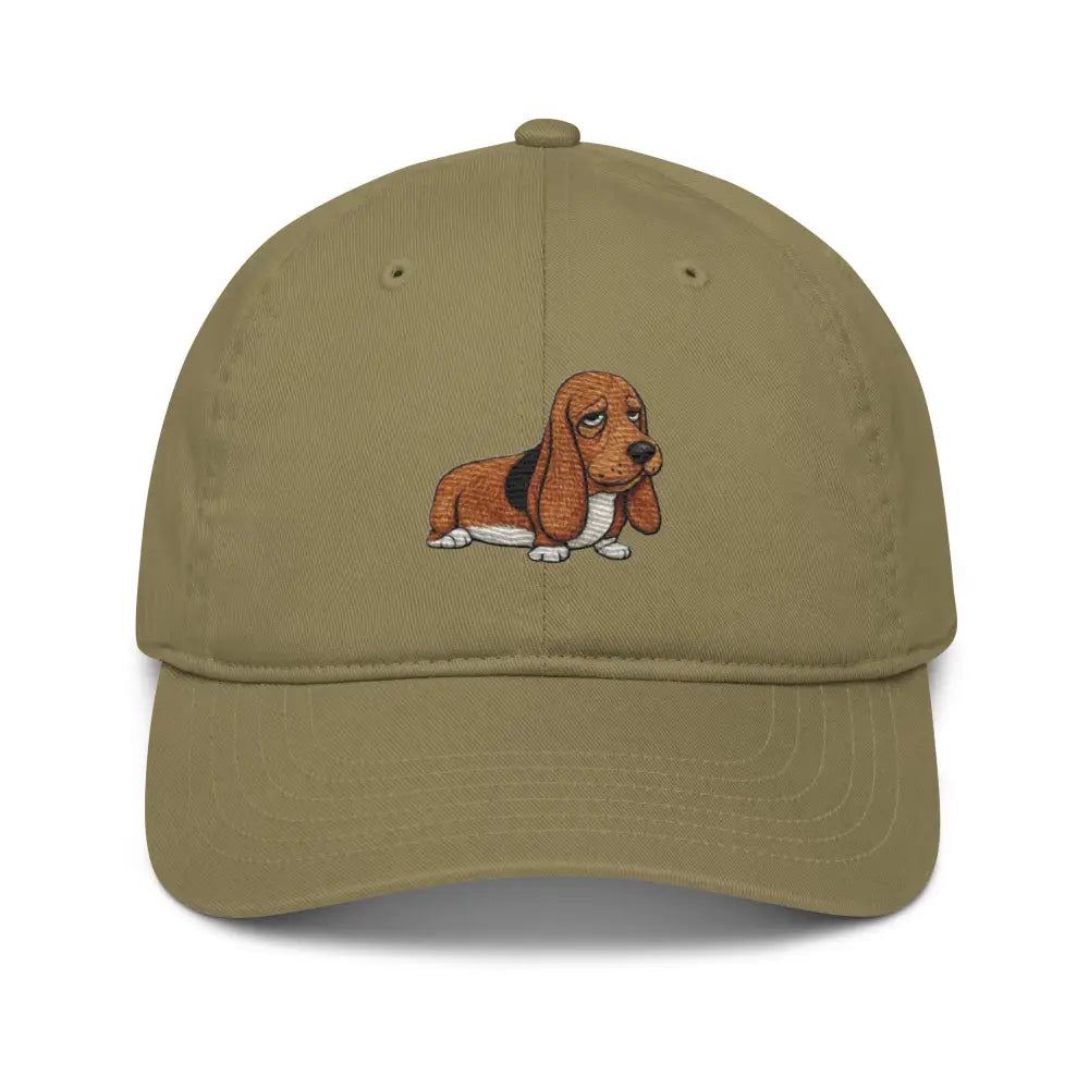 Embroidered basset hound on organic dad hat by Trini Skies Supply