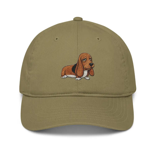 Embroidered basset hound on organic dad hat by Trini Skies Supply