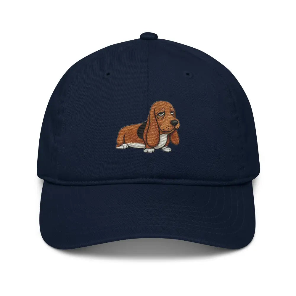 Dark blue organic dad hat with embroidered basset hound