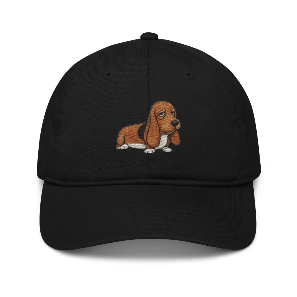 Embroidered basset hound on organic dad hat by Trini Skies Supply