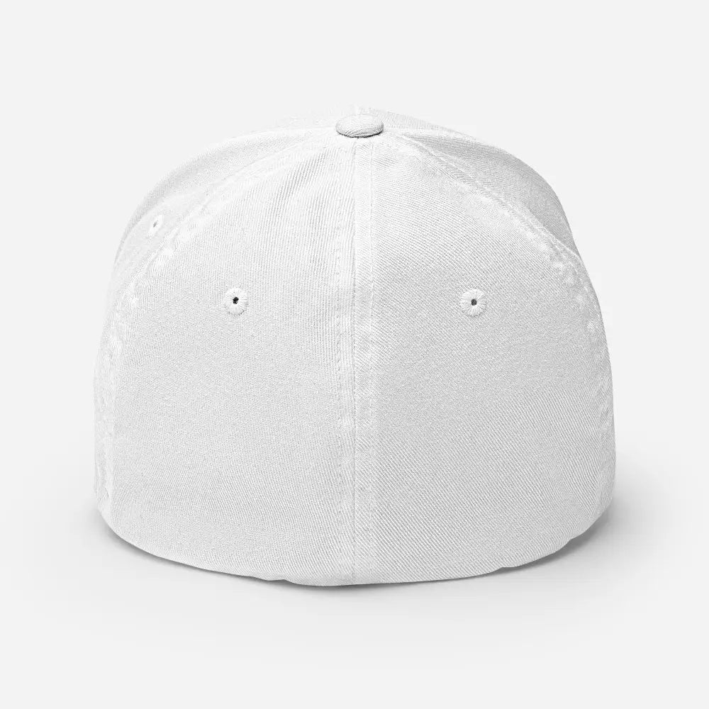 White fitted structured twill cap with beautiful butterfly graphic embroidery