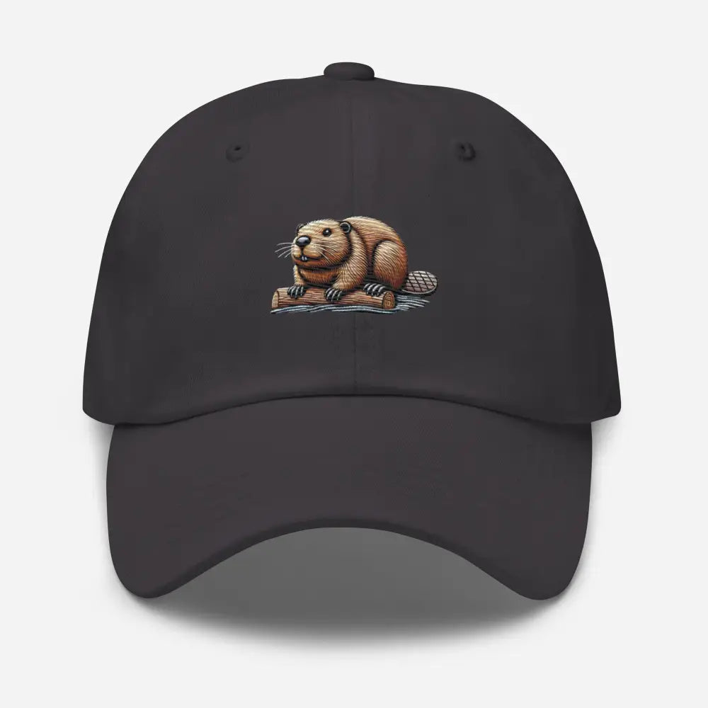 Dark grey embroidered beaver dad hat by Trini Skies with cartoon beaver on log