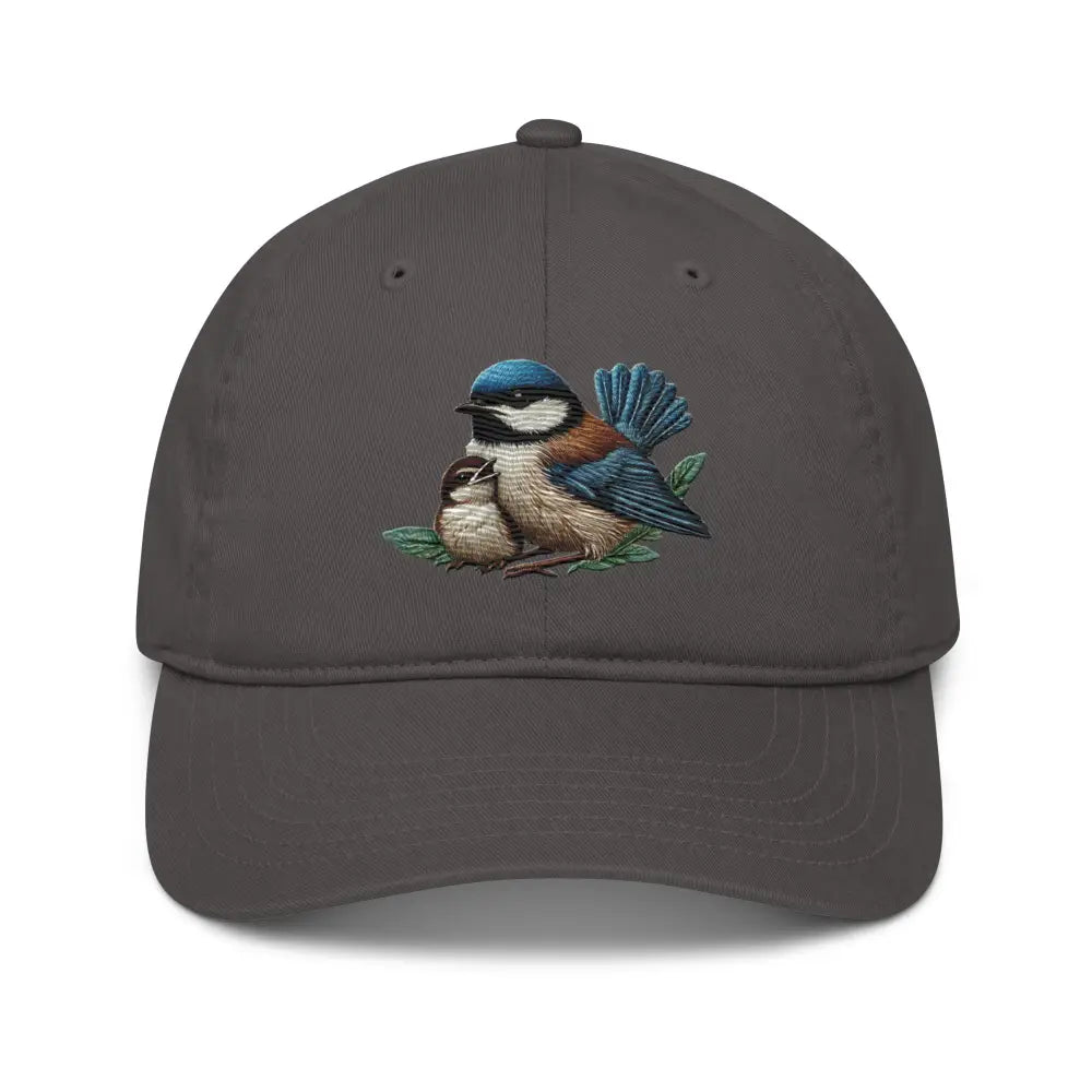 Charcoal grey embroidered bird organic cotton dad hat with baby design