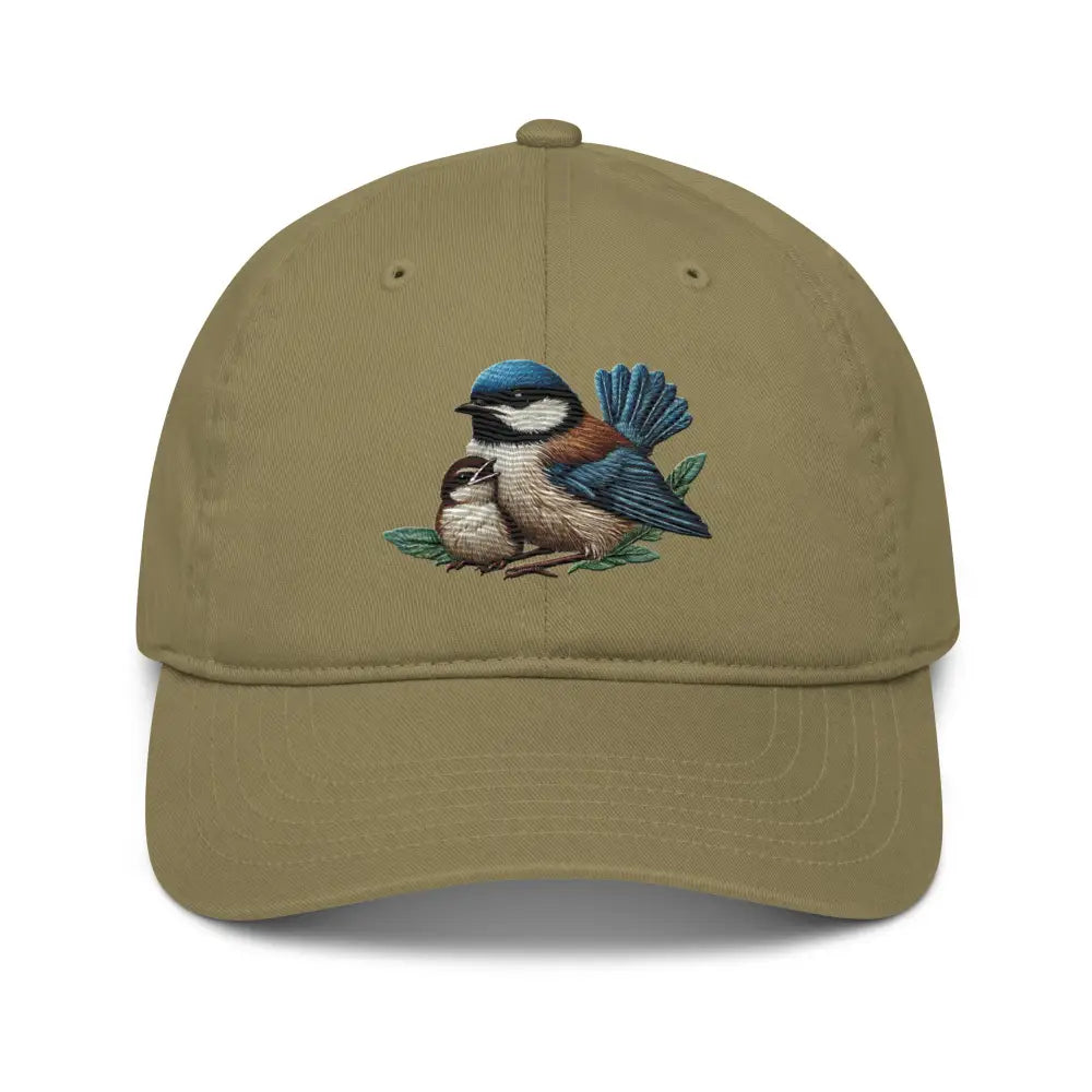 Khaki embroidered bird organic cotton dad hat with baby chick