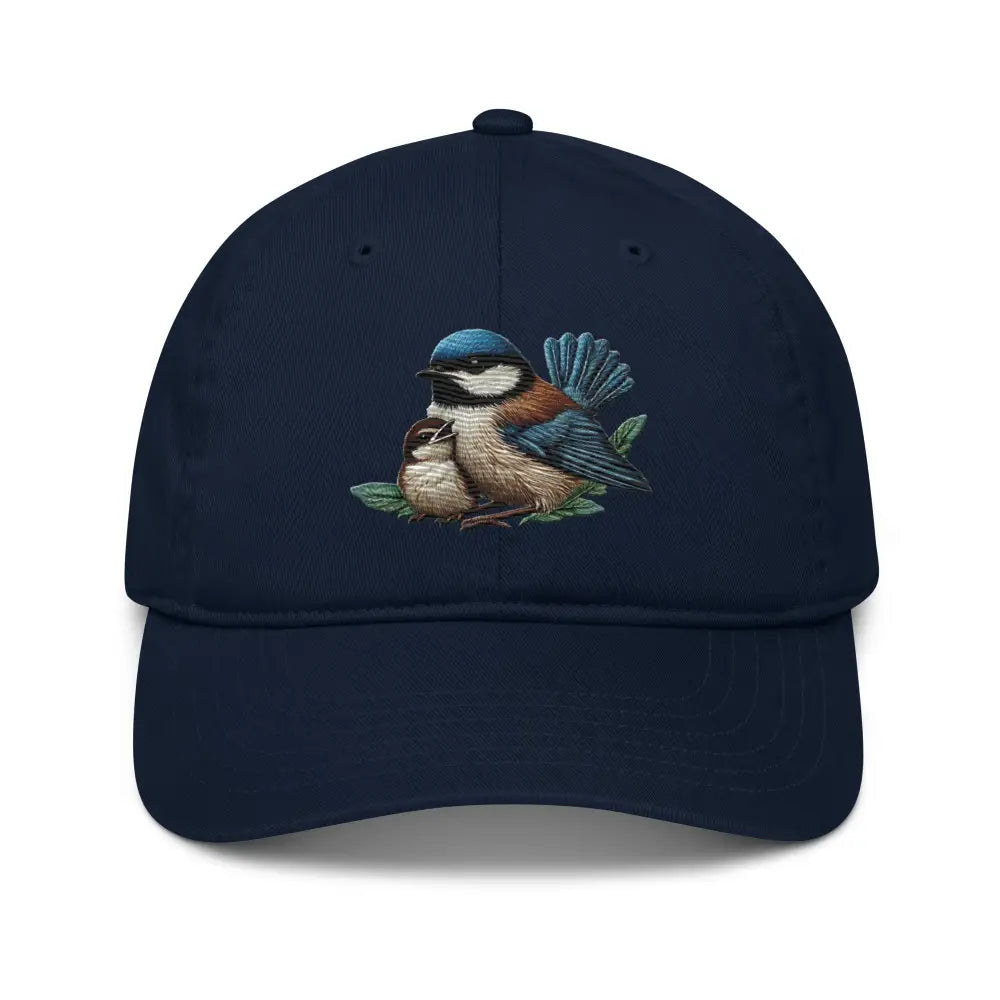 Navy blue embroidered bird organic cotton dad hat from Trini Skies