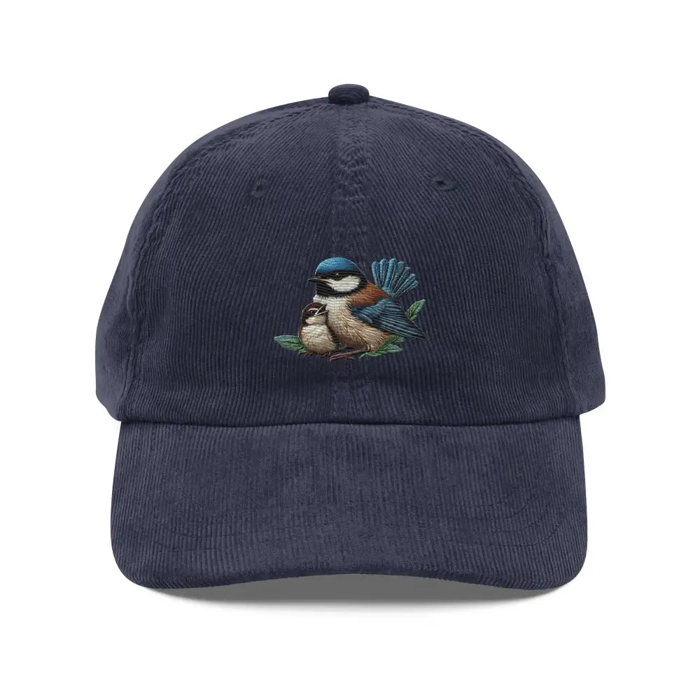 Navy blue vintage corduroy cap with embroidered bird and adjustable gold buckle