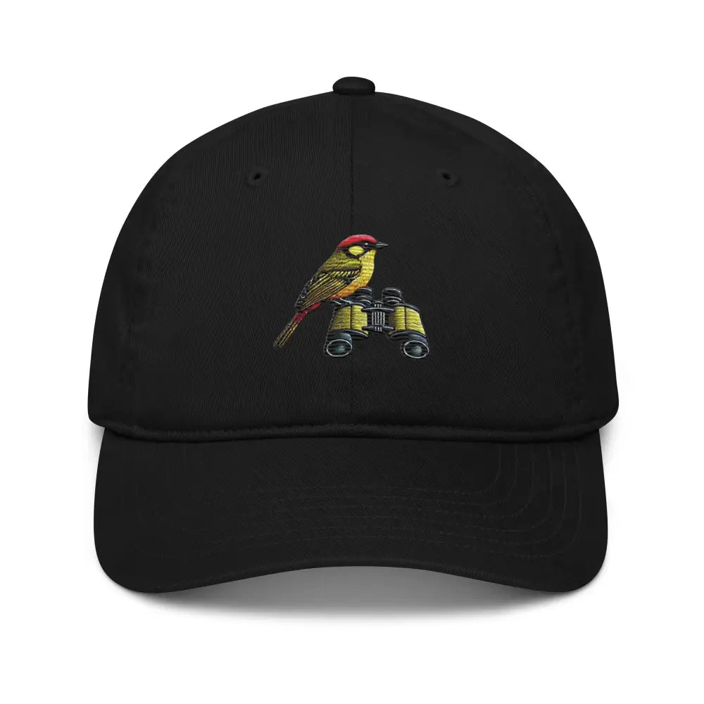 Embroidered bird watcher Trini Skies cotton dad hat with black cap and bird binoculars design