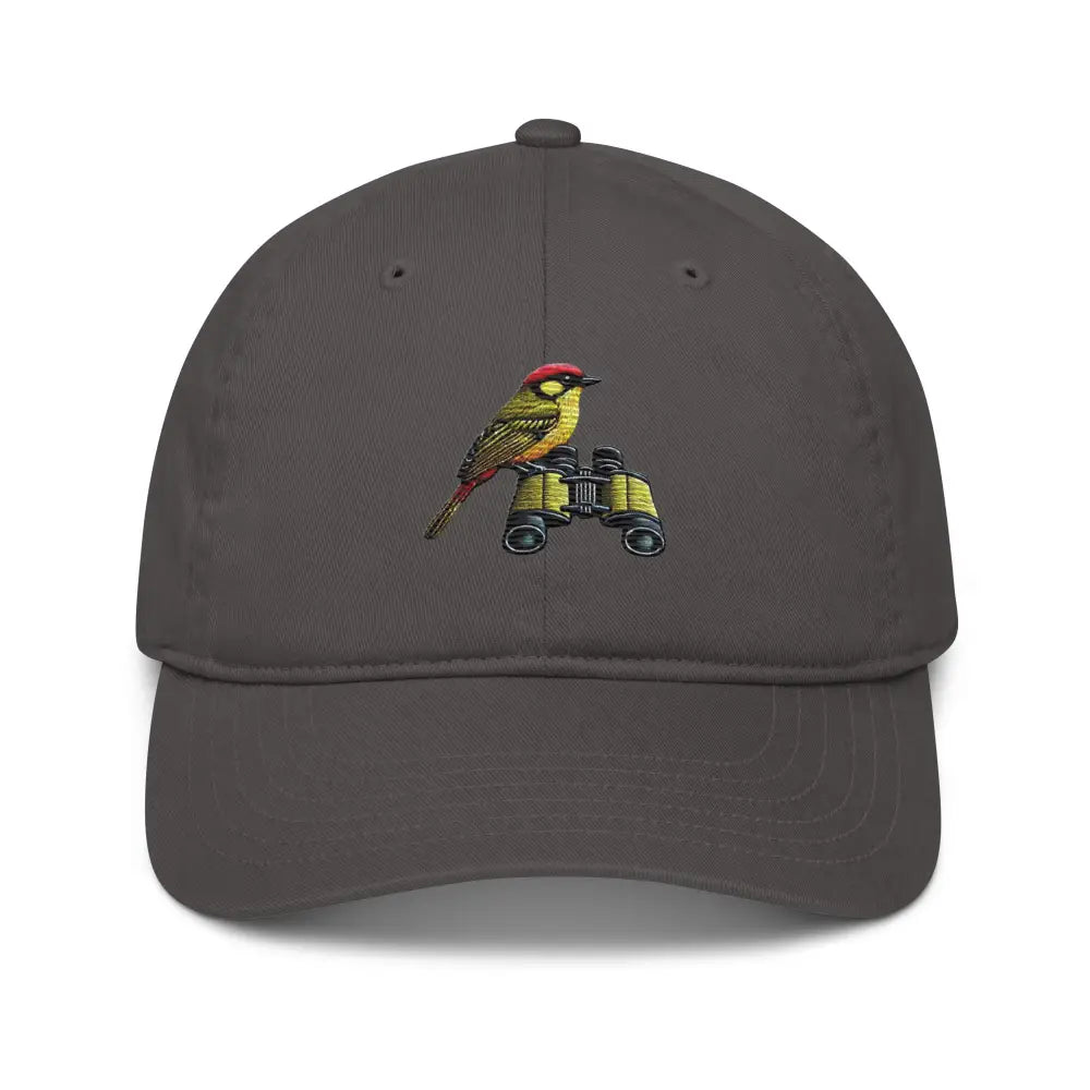 Dark gray embroidered bird watcher cotton dad hat with bird on binoculars
