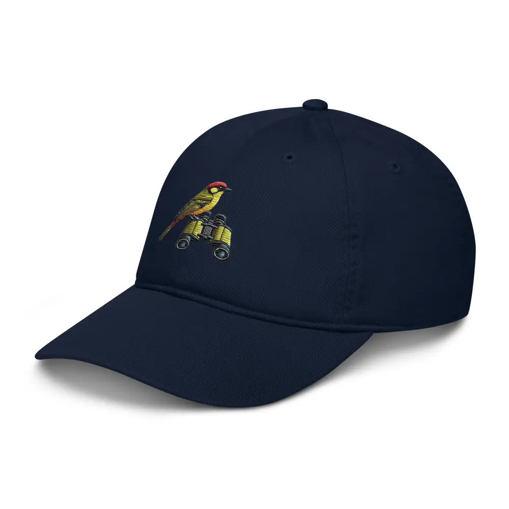 Embroidered bird watcher cotton dad hat in navy blue with bird and binoculars
