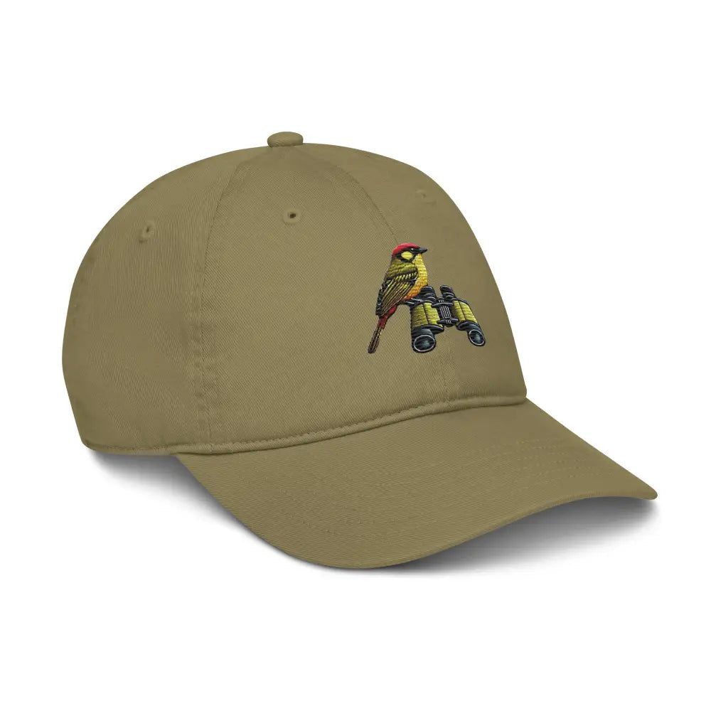 Olive green embroidered bird watcher cotton dad hat with Trini Skies bird and binoculars design